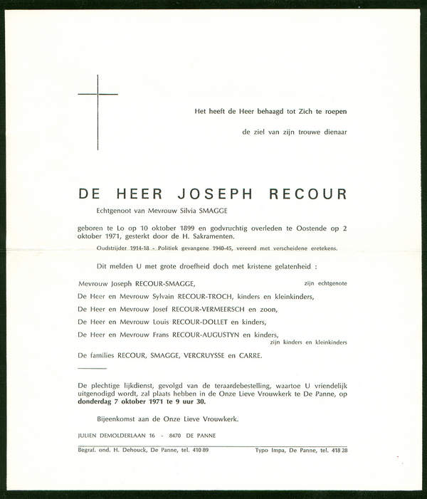 Overlijdensbrief Joseph Recour
